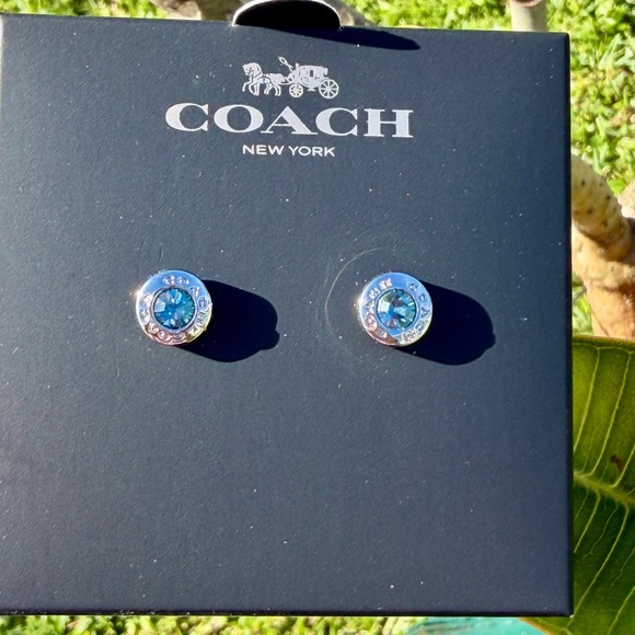 COACH Open Circle Stone Stud Earrings Silver and Aqua Crystal - Picture 6 of 14